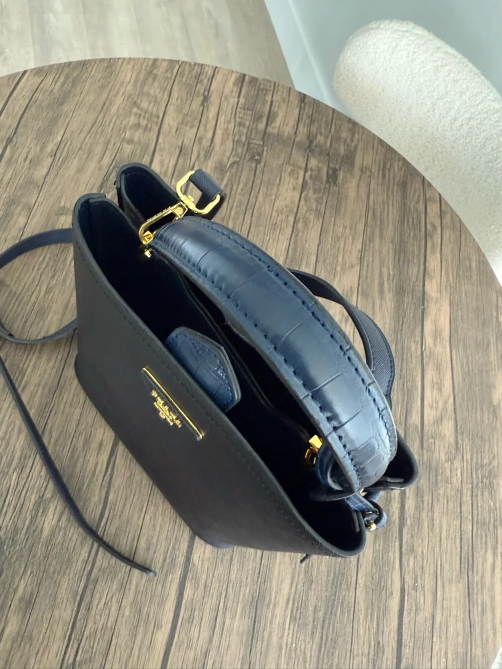 Prada Black Saffiano Leather Bucket Satchel with Navy Trim - Picture 2 of 9